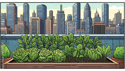 Rooftop urban garden with lush vegetables and city skyline in background