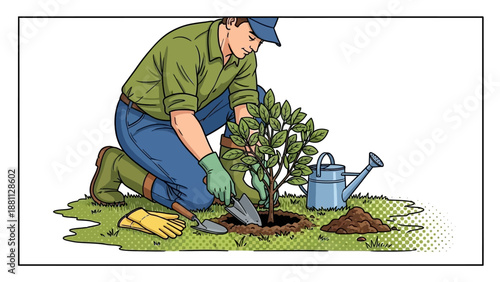 Gardener planting tree with watering can and tools in yard scene