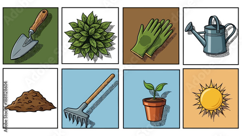 Gardening elements in retro pop art style: tools, plants, sun, and more