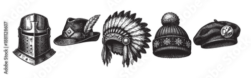 Engraved illustration featuring diverse headwear, including a knight helmet, alpine hat, Native American headdress, winter beanie, and beret, all in black and white.
