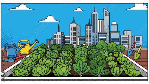 Urban rooftop garden in pop art style with city skyline and vegetables