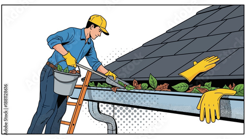 Pop art style worker cleaning gutter with gloves and bucket