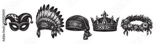 Black and white illustration shows a collection of vintage headwear, including crowns, masks, wreaths, and a Native American headdress, for design templates.