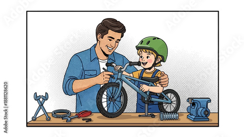Father and child bonding while assembling a bicycle together in a cheerful comic style