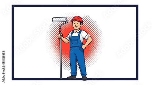 Cheerful painter with roller in red helmet and overalls on white background with halftone circle