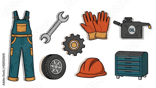 Retro garage tools and gear set: wrench, goggles, gloves, and protective gear with halftone style art