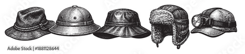 This black and white illustration showcases a collection of vintage hats, each with unique designs and textures, evoking a sense of history and adventure.