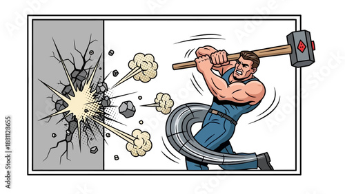 Cartoon strongman breaking wall with sledgehammer in dynamic action scene