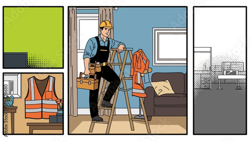 Construction worker in home renovation comic strip style art with safety gear and tools