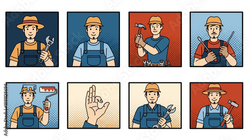 Retro construction worker icons: pop art style labor tools series