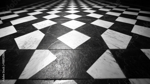 A black and white checkered floor with diamond patterns creating an intriguing visual effect.
