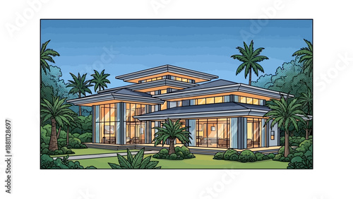 Mid-century modern house in tropical setting at dusk with palm trees and warm interior lighting