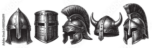 A monochrome illustration showcases five engraved warrior helmets of various designs, including a Viking helmet and a medieval knight helmet, set against a plain white backdrop.