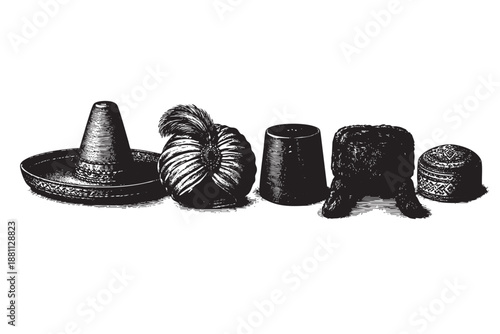 A black and white illustration showcases a collection of various hats, including a sombrero, turban, skullcap, and ushanka, perfect for historical or cultural contexts.