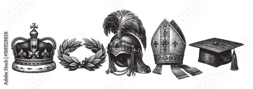 A graphic illustration features symbols of power, victory, authority, and education, all in a vintage engraved style, creating a strong visual statement.