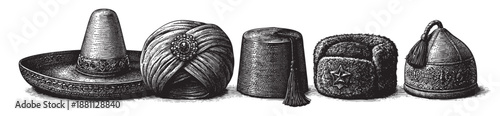 A monochrome engraving showcases various traditional hats from around the world, rendered in a detailed, old-fashioned style ideal for historical or cultural projects.