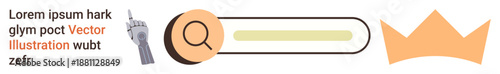 Data search, interface design, royalty concept, leadership, internet navigation, online tools. A search bar with magnifying glass, crown and pointing finger. Data search and interface design visual