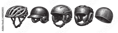 Collection of different protective helmets in engraved style. Includes bicycle helmet, baseball helmet, football helmet, boxing helmet, and swimming cap.