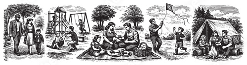 Black and white engraving illustration featuring a family enjoying various outdoor activities, including walking, playing in a playground, picnicking, flying a kite, and camping.