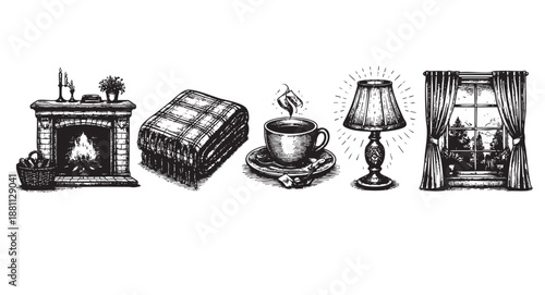 An illustration depicts a cozy interior scene with fireplace, tea cup, blanket, lamp, and window, creating a warm and inviting mood.