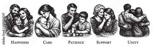 Black and white illustrations depicting family values: happiness, care, patience, support and unity, expressing love and support in different phases of life.