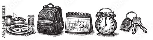 A detailed black and white illustration depicting a student's morning routine with breakfast, backpack, calendar, clock, and keys, creating a back-to-school or daily life concept.