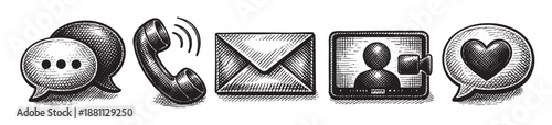 A row of engraved communication icons including chat bubbles, a phone, mail, video call and a heart speech bubble illustrating various methods of contact and connection.