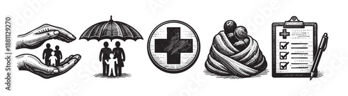 Black and white vector illustration featuring a family protected by insurance, including medical care, security and well-being; symbolizing healthcare and financial coverage.