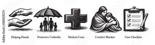 Black and white drawings show symbols of helping hands, protection, medical care, comfort, and care checklist, conveying a message of healthcare and support.