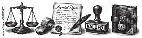 An antique scale balances, appraisal report, and valued stamp suggests asset evaluation, and legacy planning in a vintage, engraving style.