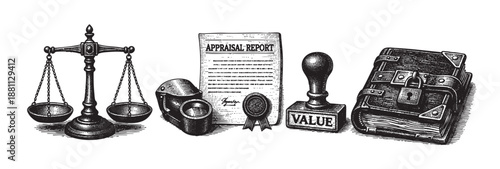 Detailed monochrome engraving of scales, appraisal report with seal, "value" stamp, and locked book, suggesting property appraisal, asset valuation, and financial security.