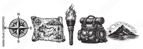 Set of adventure elements arranged in a row including a compass, map, torch, backpack and tropical island rendered in a detailed woodcut style on white, perfect for adventure.