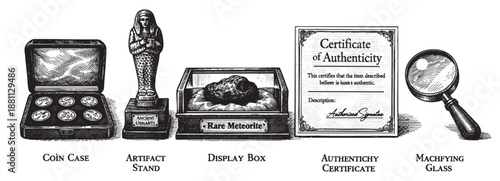 A still life in black and white, showcasing a collection of antiquities and rare items, including coins, an ancient artifact, a meteorite, a certificate of authenticity, and a magnifying glass.