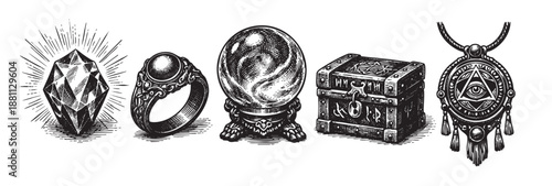 Black and white engraving showing a diamond, ring, crystal ball, chest, and amulet, all carefully drawn with fine detail, on a stark white background.