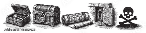 Black and white illustration of treasure chests, locks, scroll, and skull; great for puzzles, adventure games, or pirate themes.