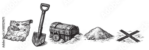 Engraved illustration of treasure map leading to buried chest with shovel and grave marker, reminiscent of pirates, adventure, mystery, and stories.
