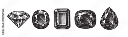 Line art depicts five gems in various shapes, showcasing unique cuts and styles against a clean white backdrop, evoking elegance.