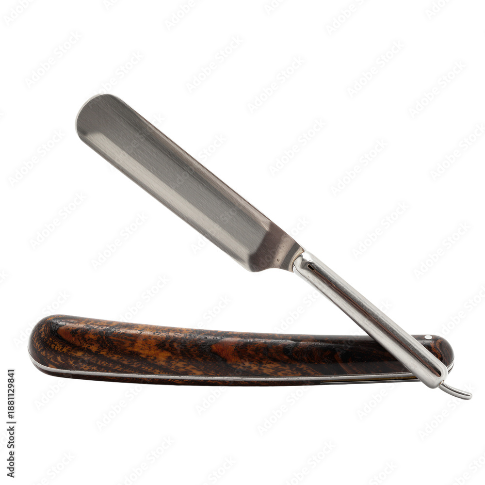 Obraz premium Polished Steel Straight Razor with Dark Wood Handle on White Background