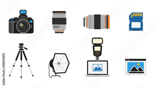 Photography equipment set with modern camera, lenses, and accessories in flat design