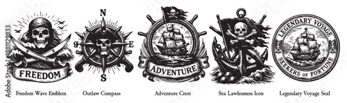 Collection of five vintage-style pirate emblems and icons in black and white, featuring ships, skulls, and navigational elements. Ideal for tattoo design, logo, and historical projects.