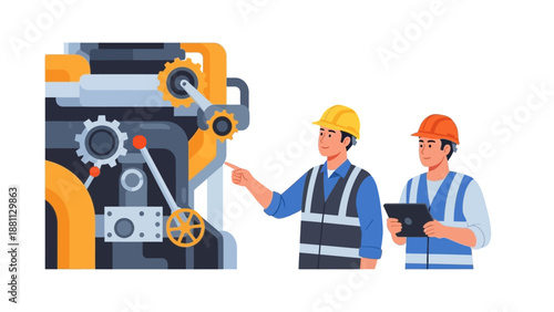 Industrial engineers inspecting machinery for efficiency and safety in modern factory