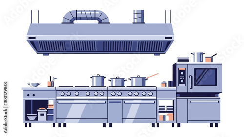 Modern commercial kitchen equipment setup with cooking appliances in flat design