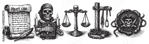 Woodcut illustration of pirate code scroll, skeleton with book, scales, shackles, and wax seal, conveying themes of justice, law, and adventure in black and white.