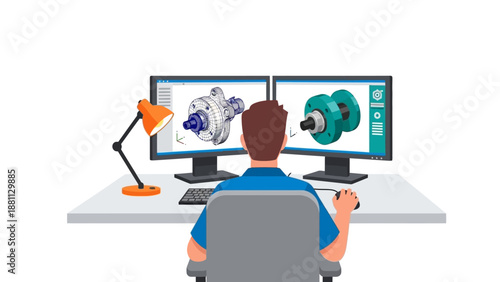 Cad designer working on 3d models at desktop setup with dual monitors