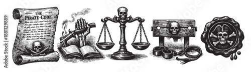 Collection of vintage black and white engravings displaying pirate justice, including a pirate code, scales, a skull, and a pillory, creating a nautical illustration.