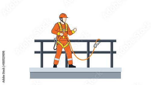 Construction worker in safety gear on high platform with harness