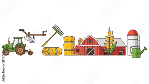 Colorful farming elements featuring barn, tractor, and wheat in line art style
