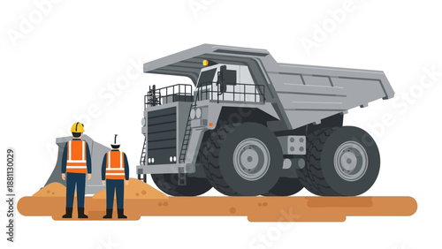 Construction site work with dump truck and workers in flat design