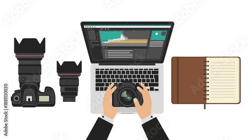 Photographer workspace with laptop, camera, and notebook in flat design
