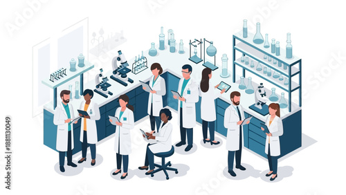 Isometric laboratory team working in modern scientific research facility